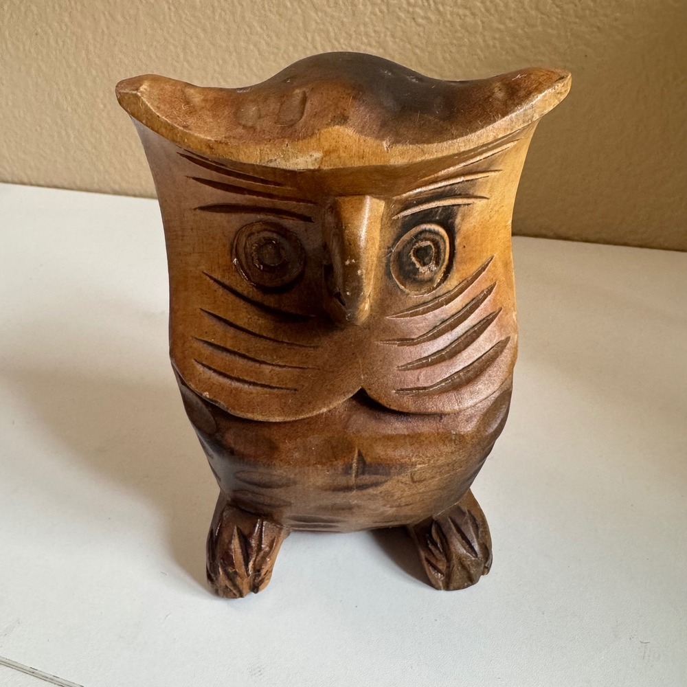 Vintage Hand Carved Wooden Owl Figurine Mid Century Modern Folk Art 1970's